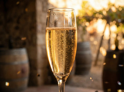 Copa de Cava con burbujas finas y doradas, símbolo de celebración y tradición.