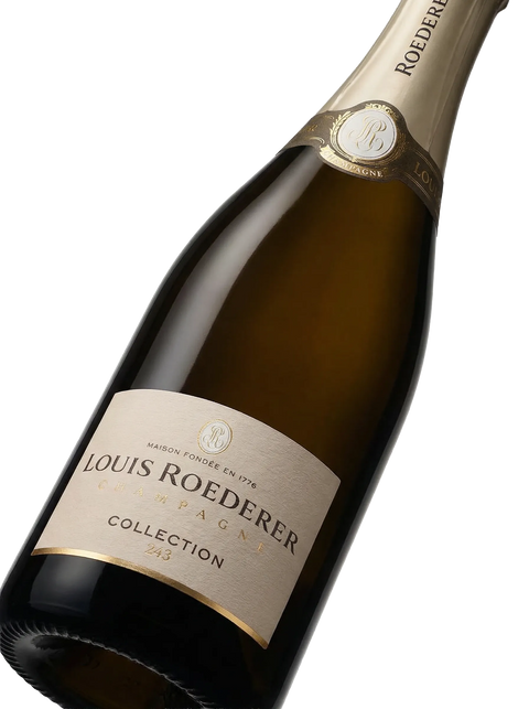 Primer plano de la etiqueta del Champagne Louis Roederer Collection Brut, AOC Champagne.