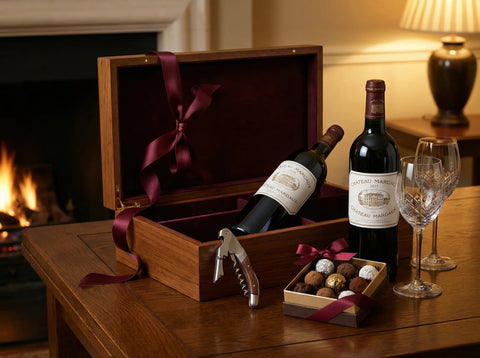 Set de regalo premium con botella de vino, accesorios y caja de madera para regalar.