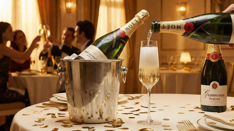 Sirviendo una copa de Champagne Moët & Chandon Brut Imperial en un ambiente festivo. Selección de vinos y espumosos premium en Mi TIenda de Vinos