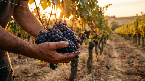 Primer plano de las manos de un viticultor sosteniendo un racimo de uvas tintas recién cosechadas en un viñedo al atardecer.