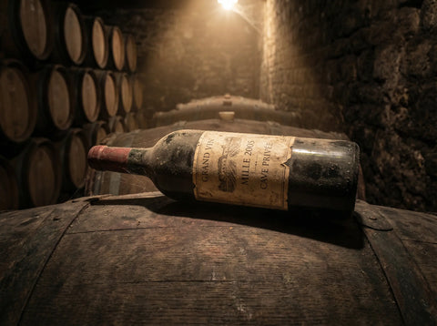 Botella de vino de autor envejecida con polvo sobre barrica de roble en bodega antigua.