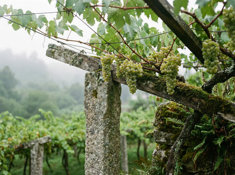 Racimos de uva Albariño con rocío en un viñedo verde de Rías Baixas, Galicia.