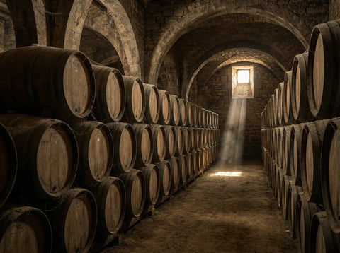 Pasillo de barricas de roble en una bodega tradicional de Rioja, donde reposan los vinos Crianza y Reserva.