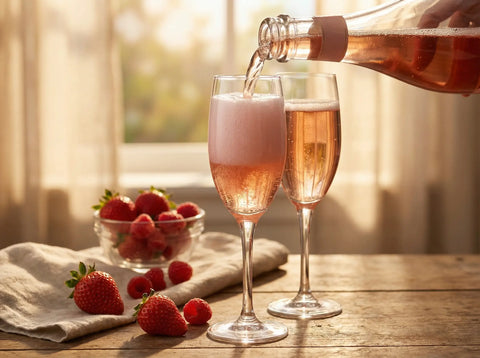 Copa de vino espumoso rosado con espuma delicada y frutos rojos.
