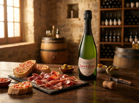 Botella de Cava Juvé & Camps Reserva de la Familia maridada con gastronomía española.