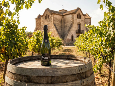 Botella de Cava Rovellats Gran Reserva en una bodega histórica.