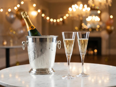 Cubitera con botella de Champagne francés y copas de cristal en un ambiente de lujo.