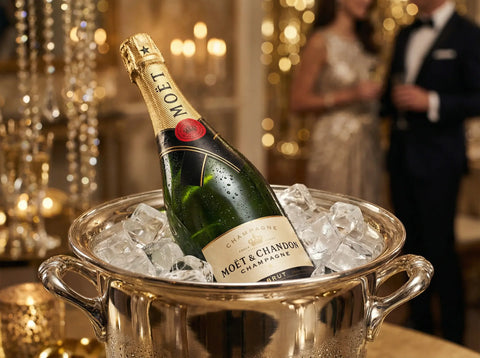 Champagne Moët & Chandon Imperial enfriándose en cubitera de plata para celebración.