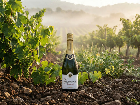 Botella de Gramona Imperial en viñedos ecológicos del Penedès.