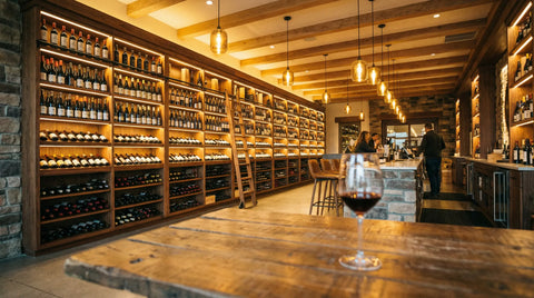 Estanterías de bodega llenas de variedad de vinos tintos y blancos.