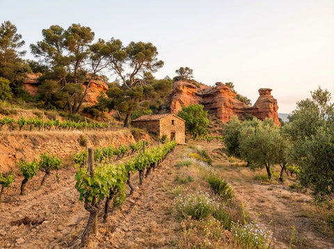 Paisaje de viñedos en Pla de Bages rodeados de bosque y construcciones de piedra seca.