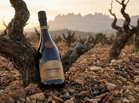 Botella de Corpinnat en viñedos del Penedès con la montaña de Montserrat al fondo.