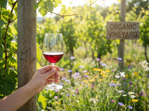 Copa de vino ecológico en un viñedo sostenible lleno de biodiversidad y luz natural.