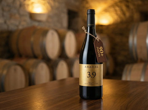 Botella de vino tinto premium con etiqueta de 90+ puntos en una bodega elegante con iluminación cálida.