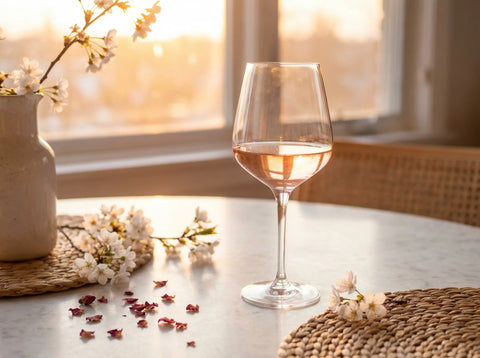 Copa de vino rosado pálido y elegante servida fría en una terraza al atardecer, evocando la frescura de la Garnacha y la Mencía.