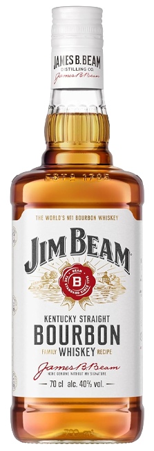 Whiskey Bourbon Jim Beam White Label con notas de vainilla, roble y caramelo dulce de Kentucky, Estados Unidos