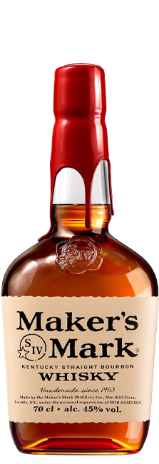 Bourbon Maker's Mark con notas de vainilla, caramelo y miel de Kentucky, suave y elegante