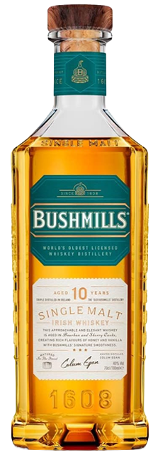 Irish Whiskey Bushmills 10 Year Old Single Malt de Irlanda del Norte con notas de miel, vainilla y fruta fresca