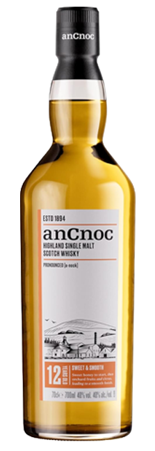 Whisky Single Malt anCnoc 12 Year Old de las Highlands escocesas con notas de miel, manzana y pera