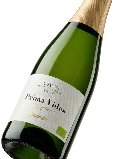 Primer plano de la etiqueta del cava Codorníu Prima Vides Brut, D.O. Cava.