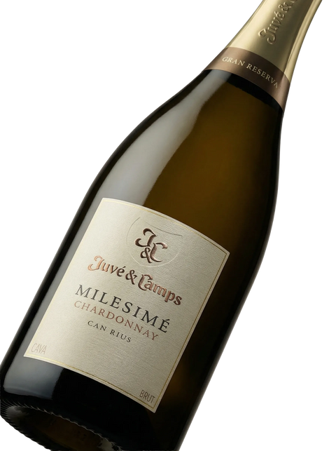 Primer plano de la etiqueta del cava Juvé & Camps Milesimé Chardonnay, D.O. Cava.