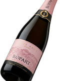 Primer plano de la etiqueta del vino espumoso rosado Llopart Rosé Brut Reserva, Corpinnat.