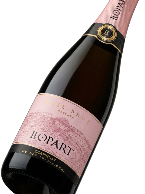 Primer plano de la etiqueta del vino espumoso rosado Llopart Rosé Brut Reserva, Corpinnat.