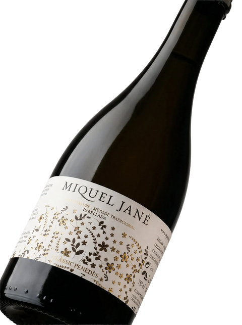 Primer plano de la botella de vino espumoso Miquel Jané Classic Penedès Parellada.