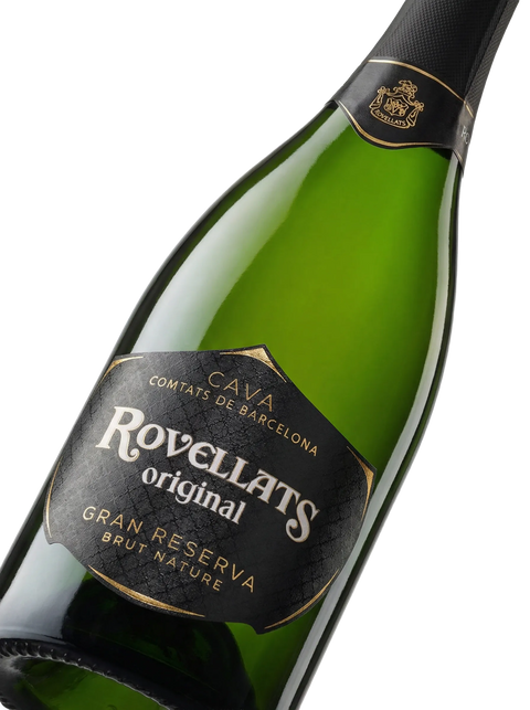 Primer plano de la etiqueta del Cava Rovellats Gran Reserva Brut Nature en formato Magnum (1,5 L), D.O. Cava.