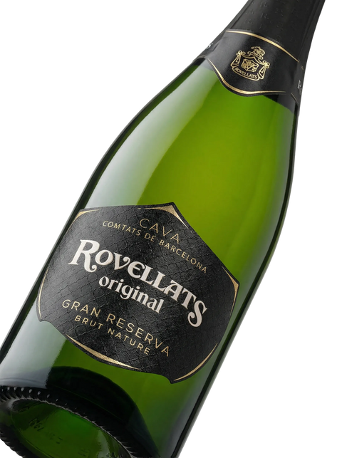 Primer plano de la etiqueta del Cava Rovellats Original Gran Reserva Brut Nature, D.O. Cava.