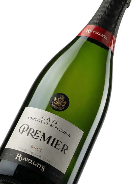 Primer plano de la etiqueta del Cava Rovellats Premier Brut, D.O. Cava.