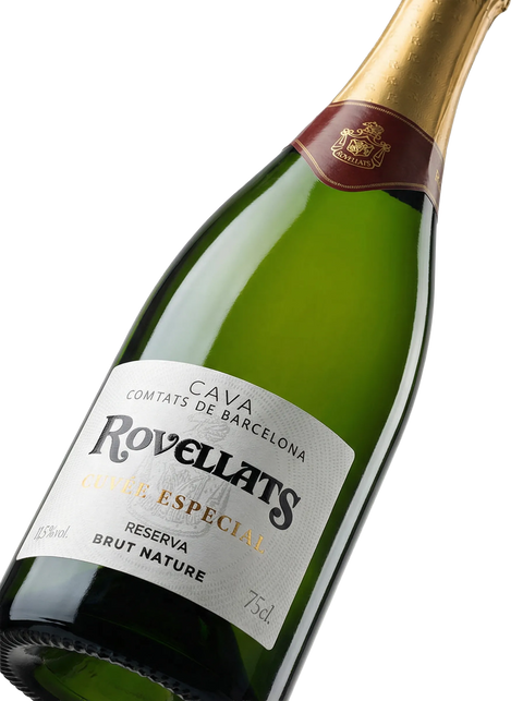 Primer plano de la etiqueta del Cava Rovellats Reserva Cuvée Especial Brut Nature, D.O. Cava.