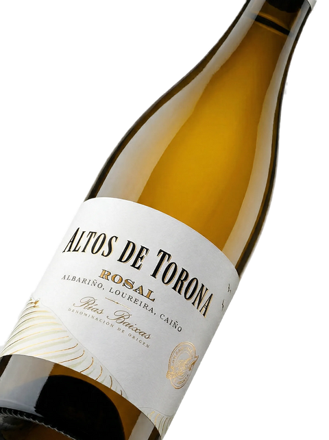 Primer plano de la botella de vino blanco Altos de Torona Rosal.