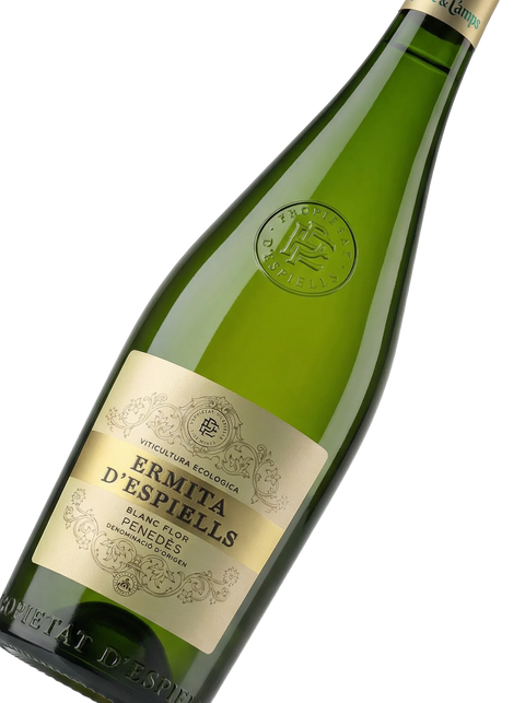 Primer plano de la etiqueta del vino blanco Ermita d'Espiells, de Juvé & Camps, D.O. Penedès.
