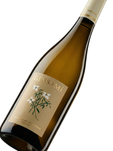 Primer plano de la etiqueta del vino blanco Gramona Gessamí, D.O. Penedès.