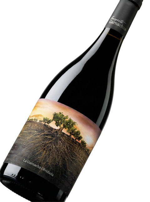 Primer plano de la etiqueta del vino tinto La Garnacha Olvidada de Aragón, D.O. Calatayud.