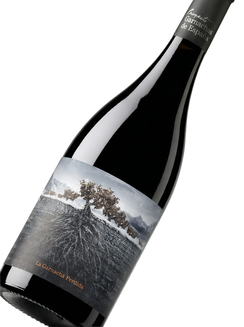 Primer plano de la etiqueta del vino tinto La Garnacha Perdida del Pirineo, D.O. Navarra.