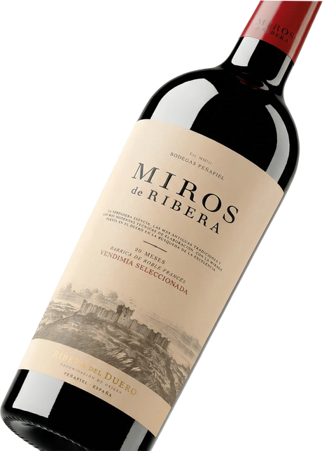 Primer plano de la etiqueta del vino tinto Miros de Ribera Vendimia Seleccionada, D.O. Ribera del Duero.