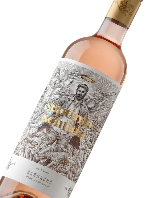 Primer plano de la etiqueta del vino rosado Séptimo Sentido, IGP Vino de la Tierra de Castilla.