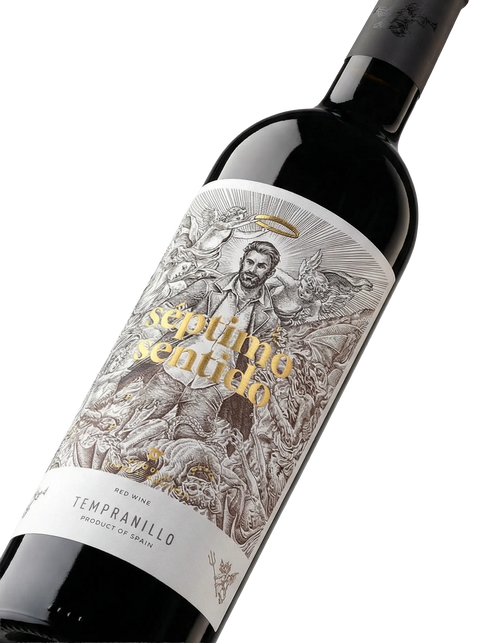 Primer plano de la etiqueta del vino tinto Séptimo Sentido, elaborado con Tempranillo, IGP Vino de la Tierra de Castilla.