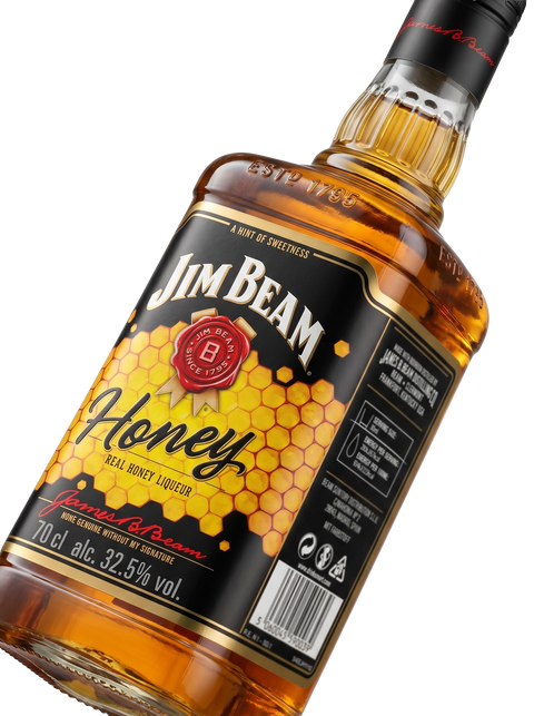 Detalle etiqueta Jim Beam Honey Real Honey Liqueur Kentucky Straight Bourbon A Hint of Sweetness