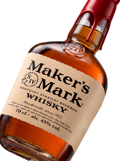 Detalle etiqueta Kentucky Straight Bourbon Whisky Maker's Mark Lacre Rojo Handmade Since 1953