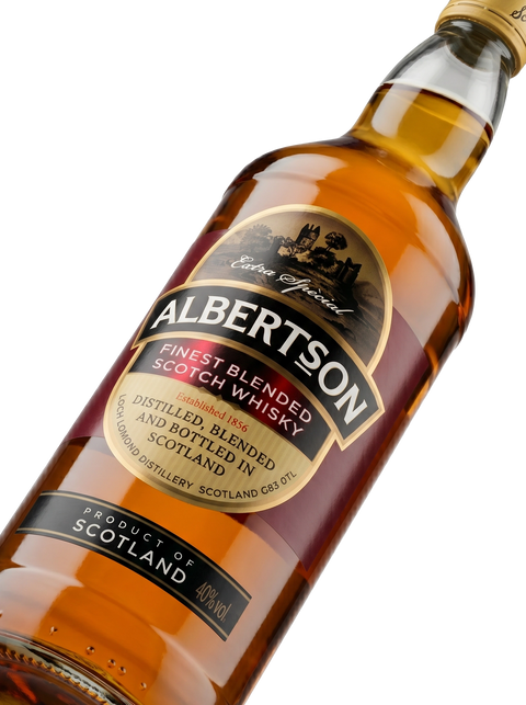 Detalle etiqueta Finest Blended Scotch Whisky Albertson Extra Special Product of Scotland Lochside