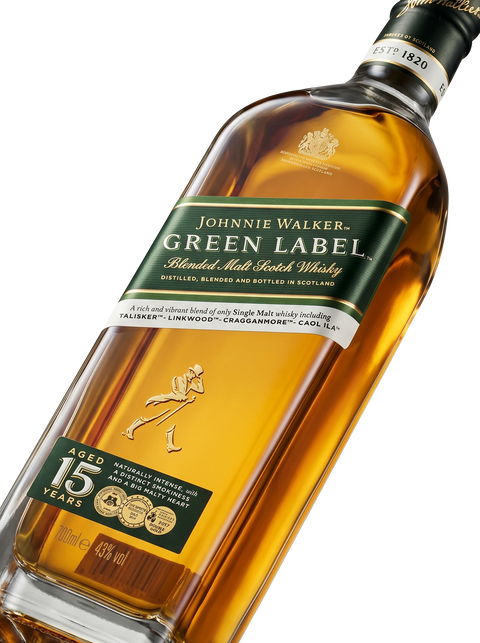 Detalle etiqueta Blended Malt Scotch Whisky Johnnie Walker Green Label 15 Years Ahumado Maltoso Escocia