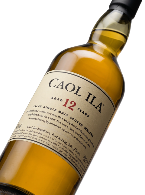 Detalle etiqueta Islay Single Malt Scotch Whisky Caol Ila 12 Years Port Askaig Isle of Islay