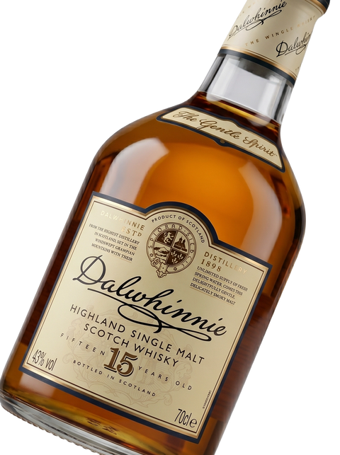 Detalle etiqueta Single Highland Malt Scotch Whisky Dalwhinnie 15 Years Old Destilería 1898