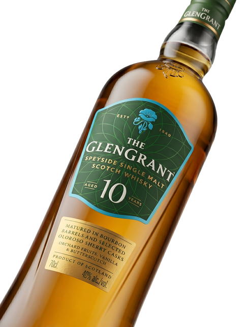 Detalle etiqueta Speyside Single Malt Scotch Whisky Glen Grant 10 Years Old Speyside Escocia