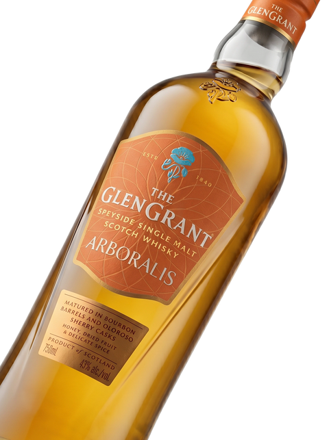Detalle etiqueta Speyside Single Malt Scotch Whisky Glen Grant Arboralis Miel Fruta Seca Especias