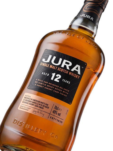 Detalle etiqueta Island Single Malt Scotch Whisky Jura 12 Years Bourbon Oloroso Sherry Cask